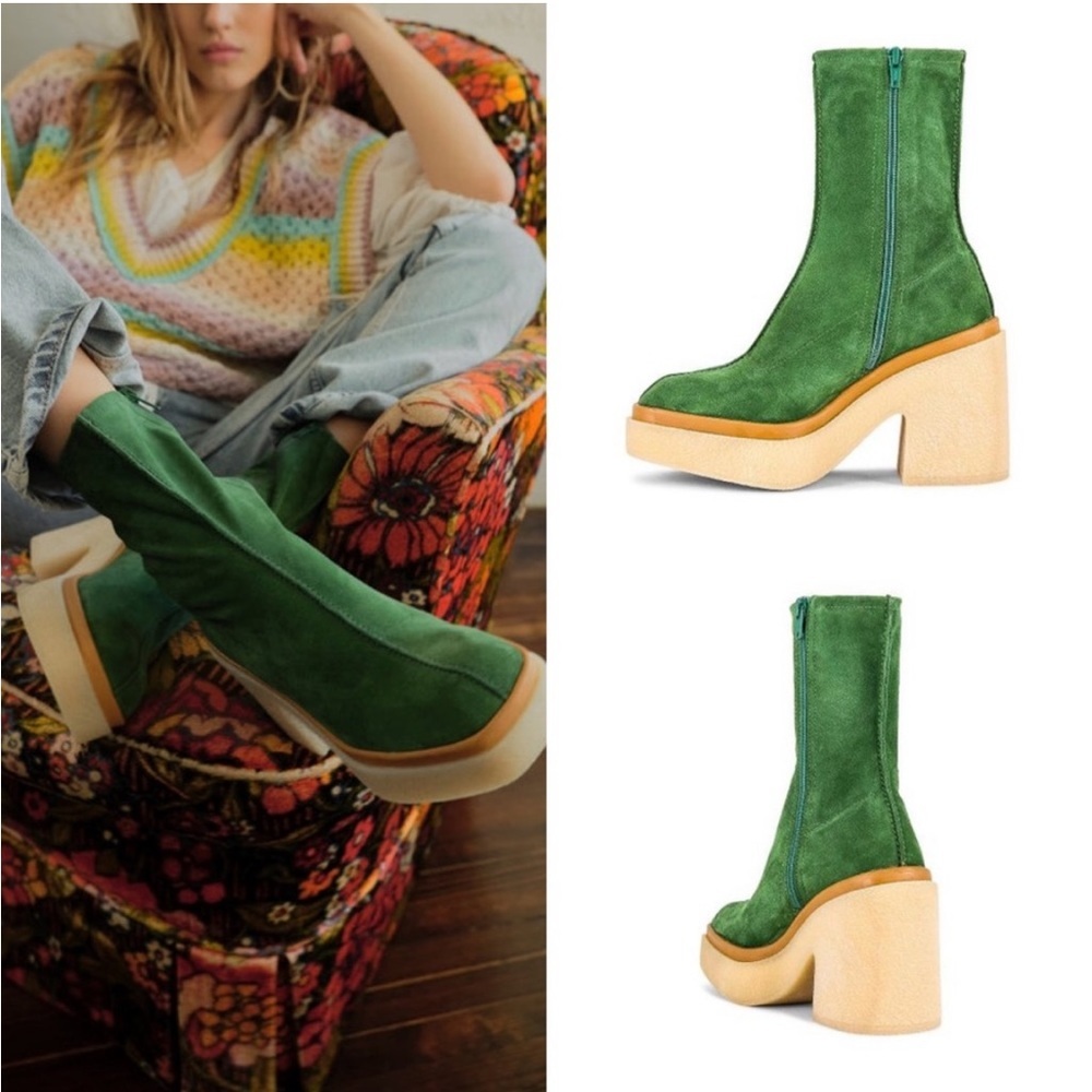 FREE PEOPLE Gigi boots suede green platform size 38.5